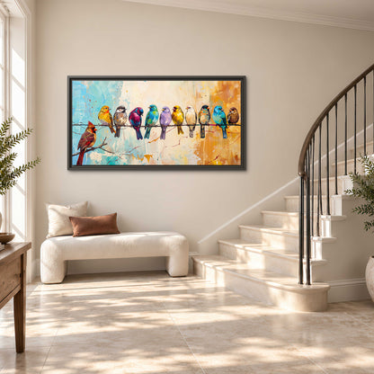 A row of brightly colored birds against expressive turquoise and ochre single framed canvas wall art styled in an interior