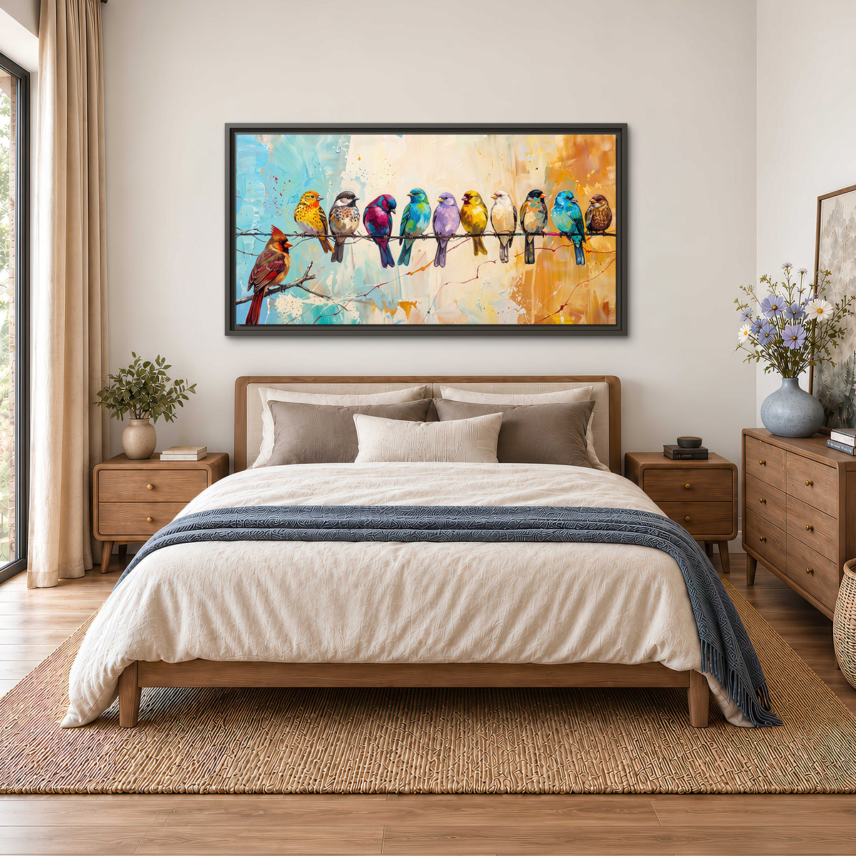 A row of brightly colored birds against expressive turquoise and ochre single framed canvas wall art styled in an interior