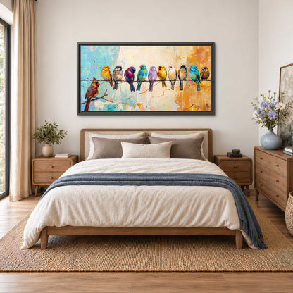 A row of brightly colored birds against expressive turquoise and ochre single framed canvas wall art styled in an interior