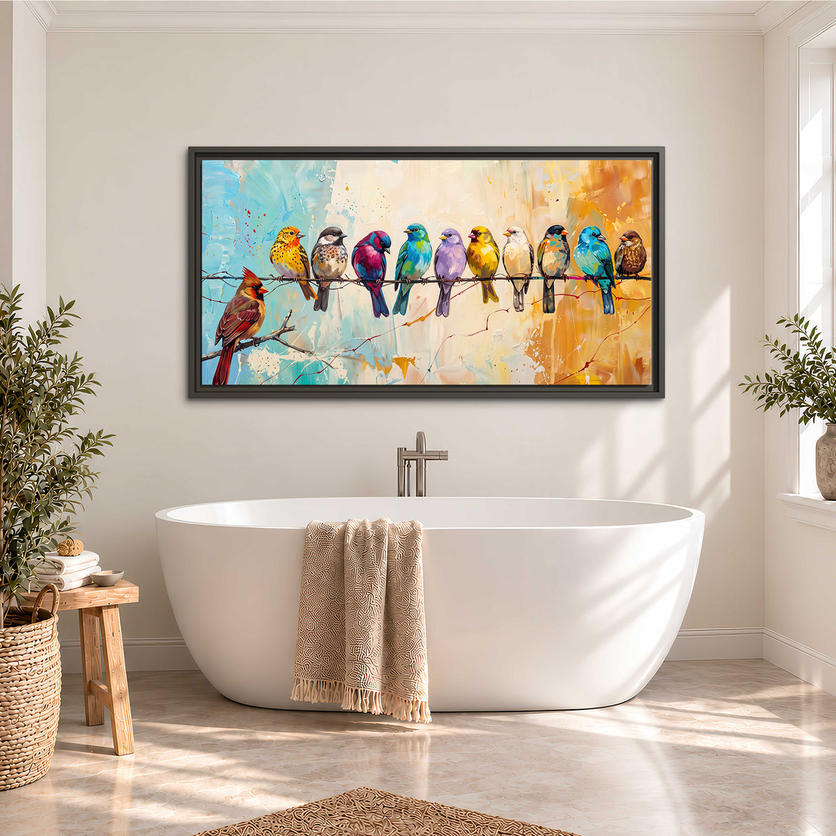 A row of brightly colored birds against expressive turquoise and ochre single framed canvas wall art styled in an interior