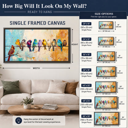A row of brightly colored birds against expressive turquoise and ochre single framed canvas wall art size guide above a sofa; room view is illustrative