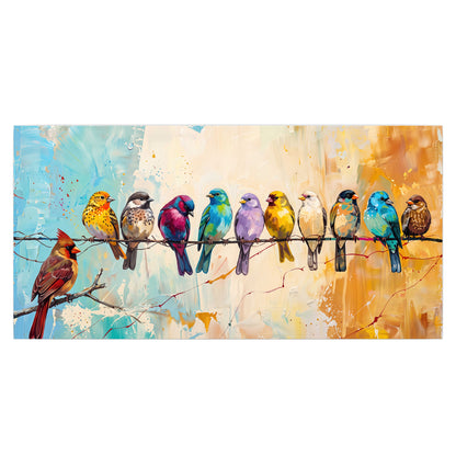 A row of brightly colored birds against expressive turquoise and ochre single poster print viewed straight on