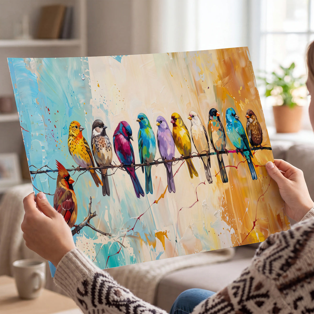 A row of brightly colored birds against expressive turquoise and ochre single poster print held in hands