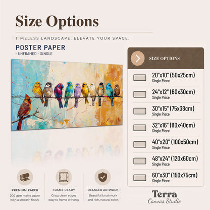 A row of brightly colored birds against expressive turquoise and ochre single poster print available dimensions