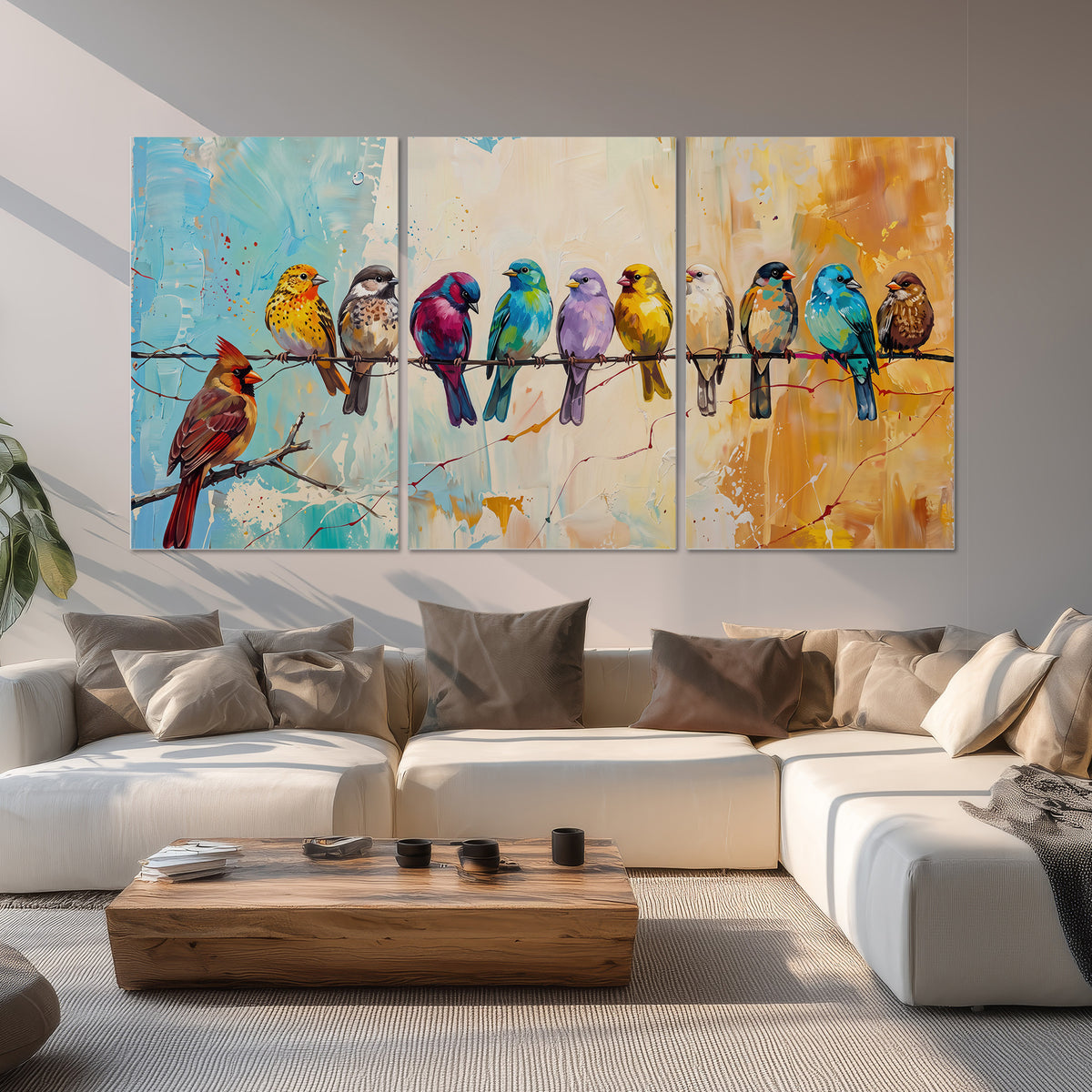 A row of brightly colored birds against expressive turquoise and ochre set of 3 poster prints displayed in a living room