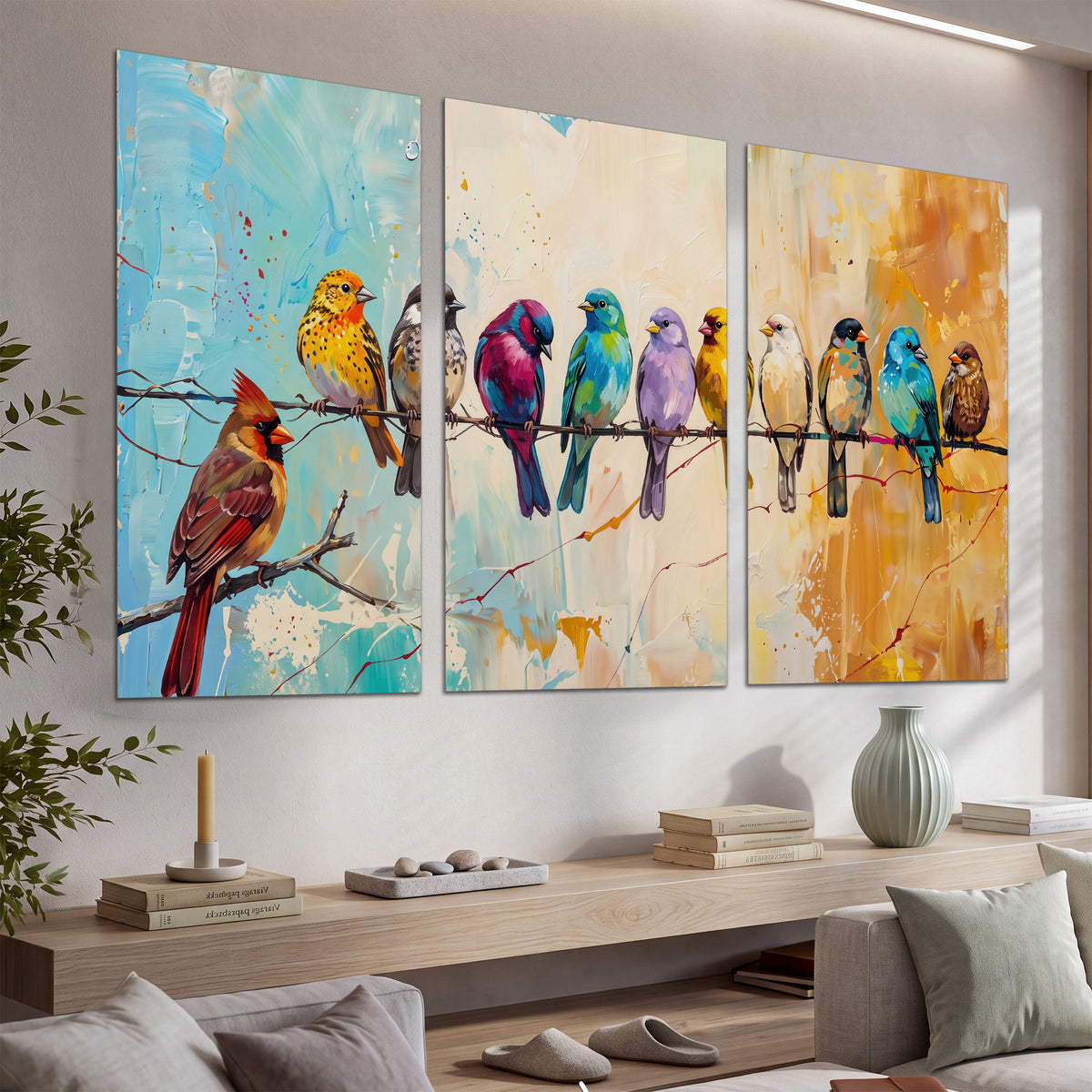 A row of brightly colored birds against expressive turquoise and ochre set of 3 poster prints displayed in a console