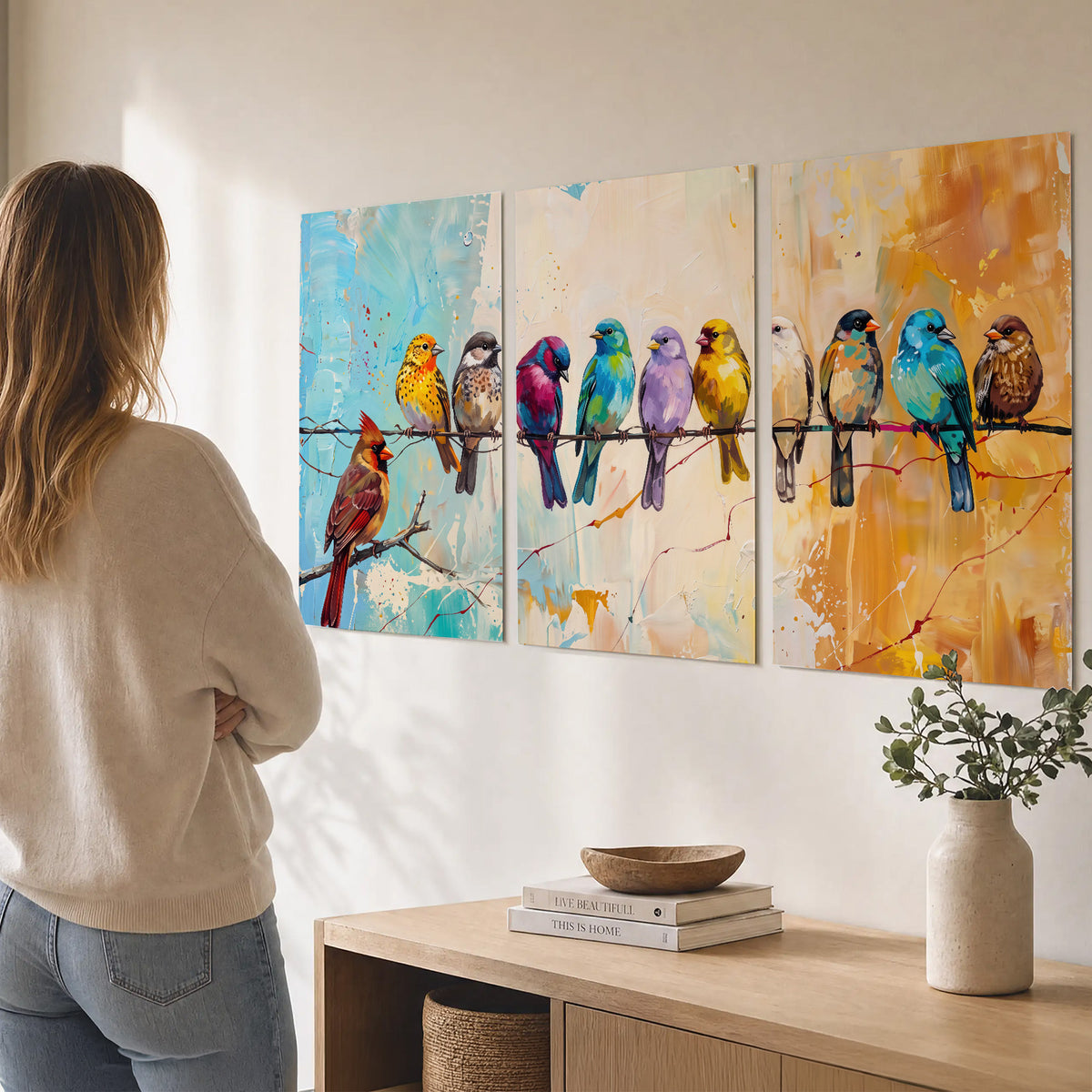A row of brightly colored birds against expressive turquoise and ochre set of 3 poster prints three panel arrangement on a wall