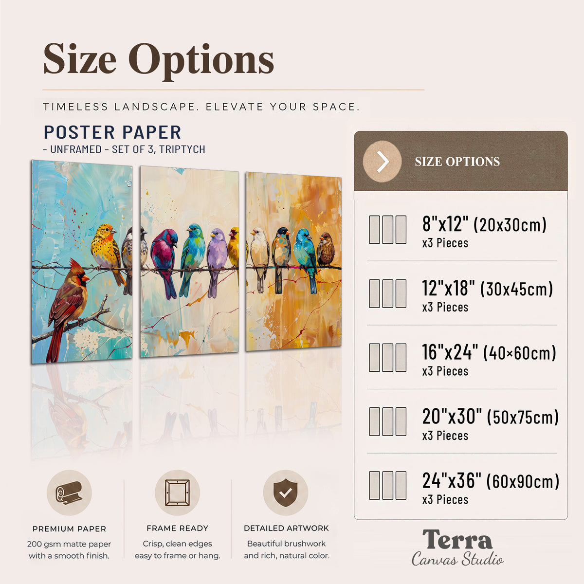 A row of brightly colored birds against expressive turquoise and ochre set of 3 poster prints available dimensions; triptych dimensions are per panel