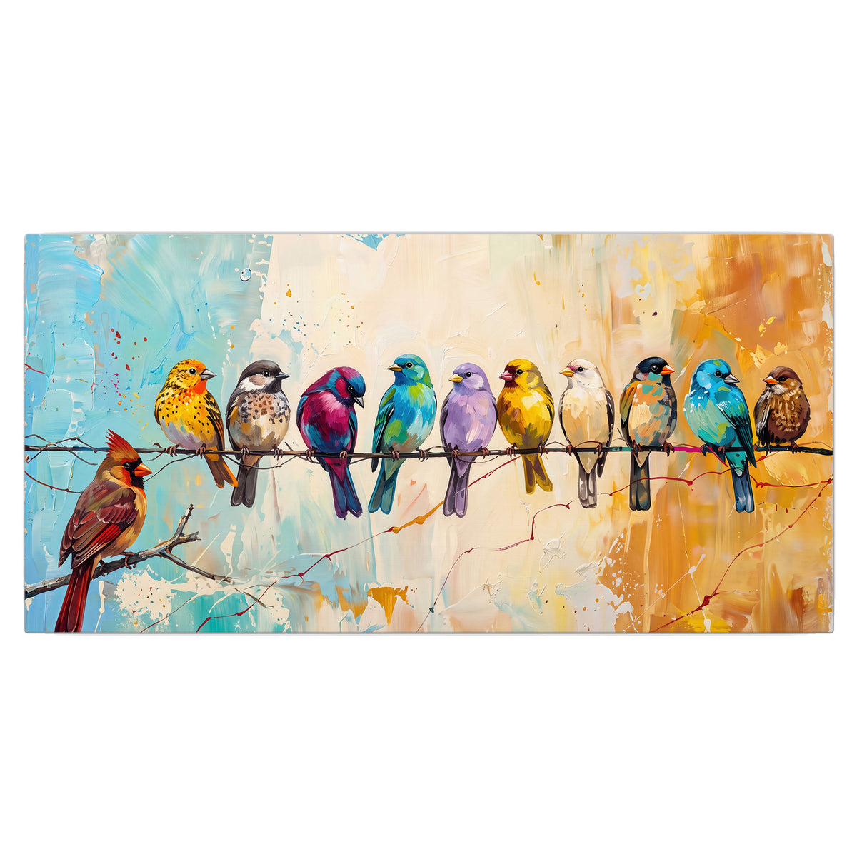A row of brightly colored birds against expressive turquoise and ochre single canvas wall art viewed straight on