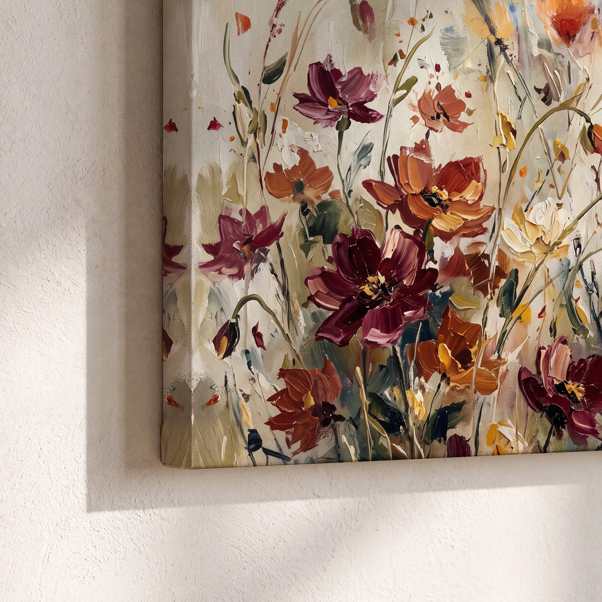 A small hummingbird among delicate pink, rust and ivory flowers 3 piece canvas wall art material and edge close up