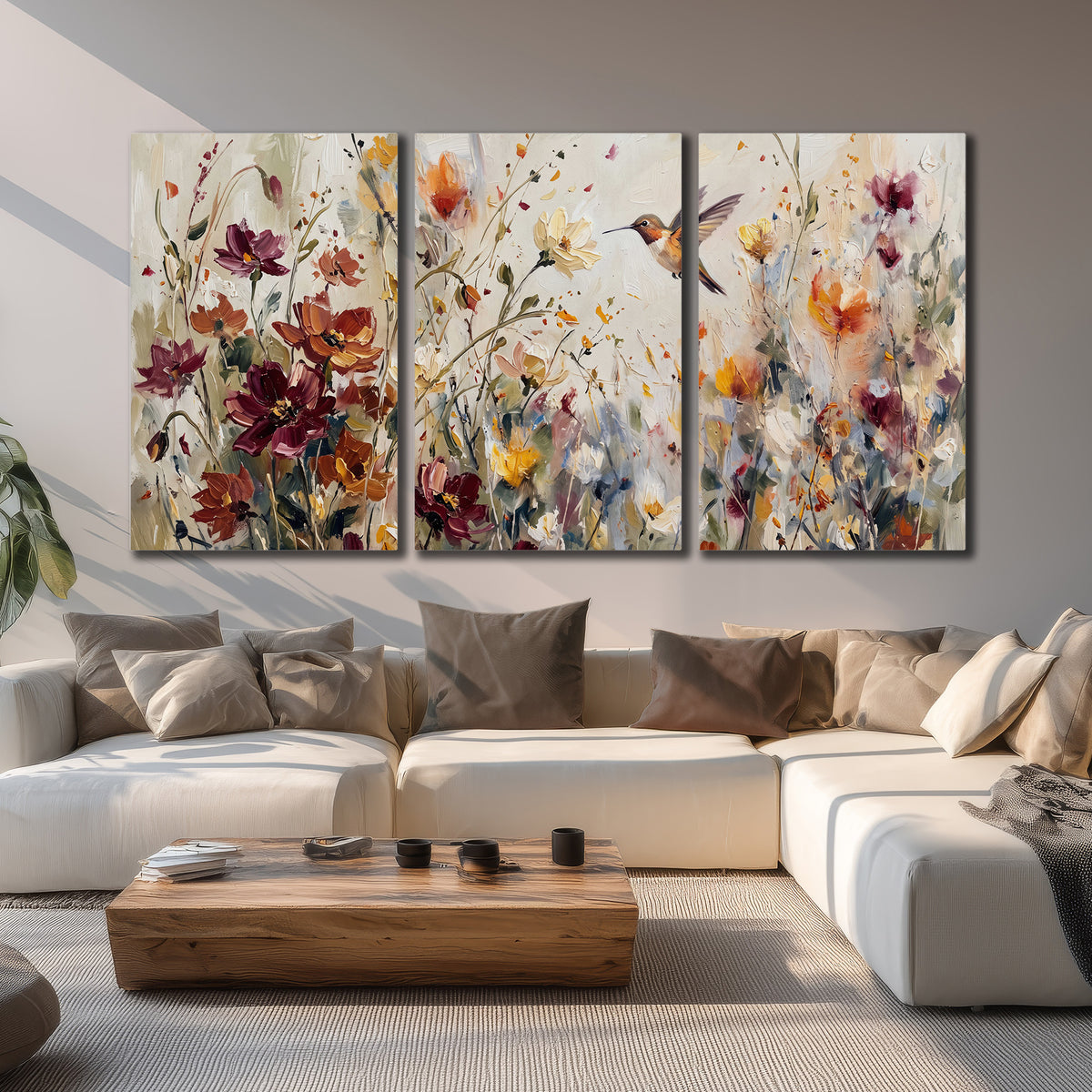 A small hummingbird among delicate pink, rust and ivory flowers 3 piece canvas wall art displayed in a living room