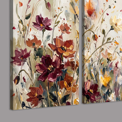 A small hummingbird among delicate pink, rust and ivory flowers 3 piece canvas wall art room and product view