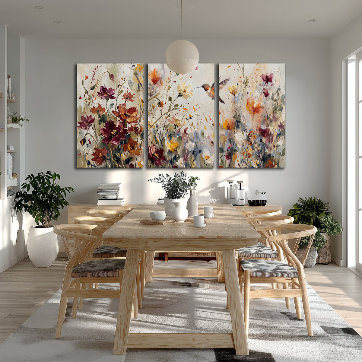 A small hummingbird among delicate pink, rust and ivory flowers 3 piece canvas wall art room and product view