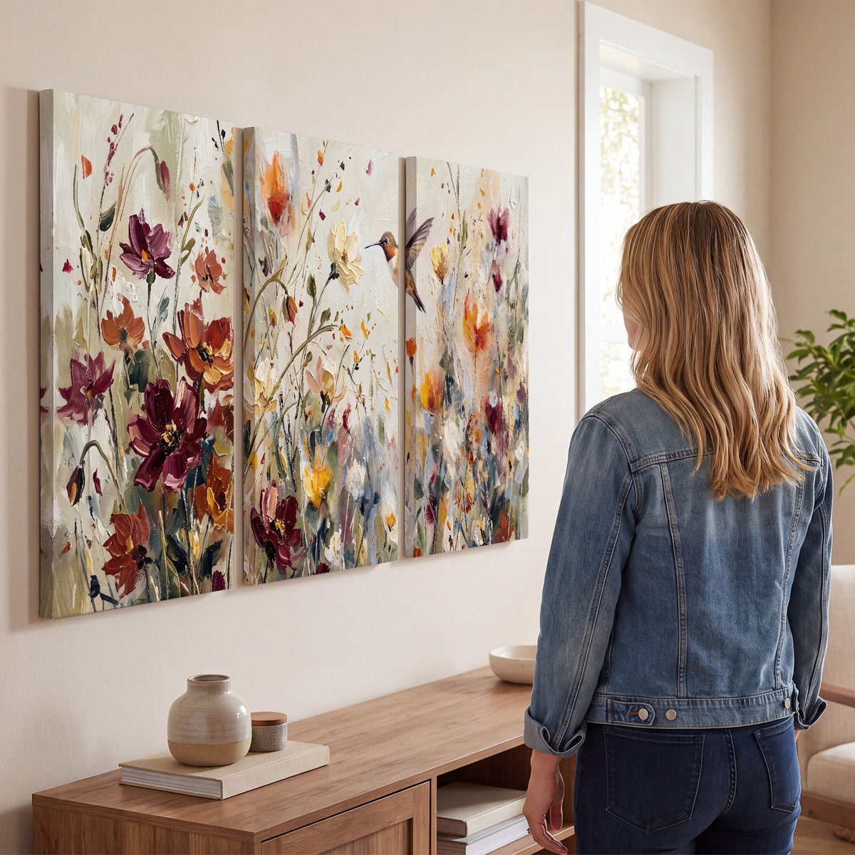 A small hummingbird among delicate pink, rust and ivory flowers 3 piece canvas wall art three panel arrangement on a wall