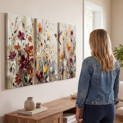 A small hummingbird among delicate pink, rust and ivory flowers 3 piece canvas wall art three panel arrangement on a wall