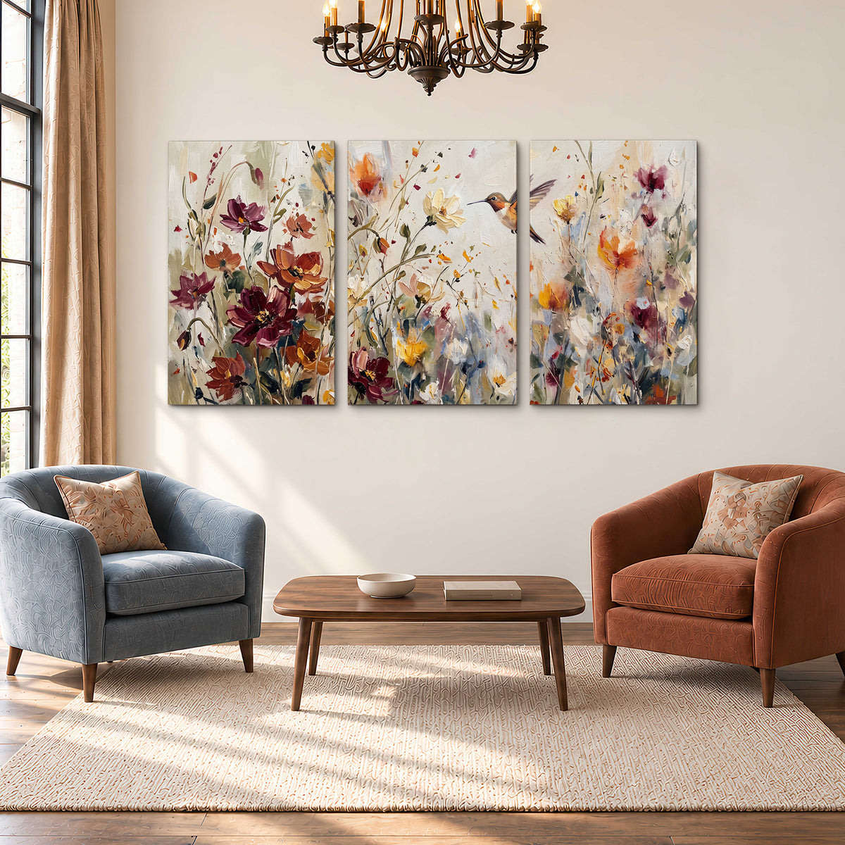 A small hummingbird among delicate pink, rust and ivory flowers 3 piece canvas wall art styled in an interior