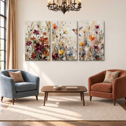 A small hummingbird among delicate pink, rust and ivory flowers 3 piece canvas wall art styled in an interior