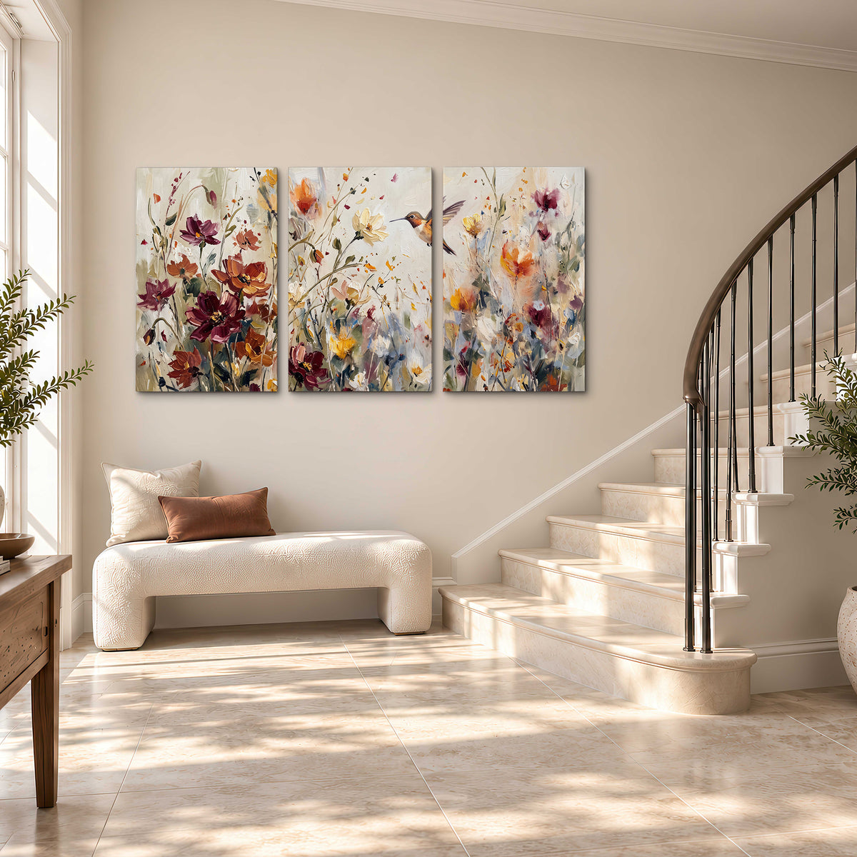 A small hummingbird among delicate pink, rust and ivory flowers 3 piece canvas wall art styled in an interior