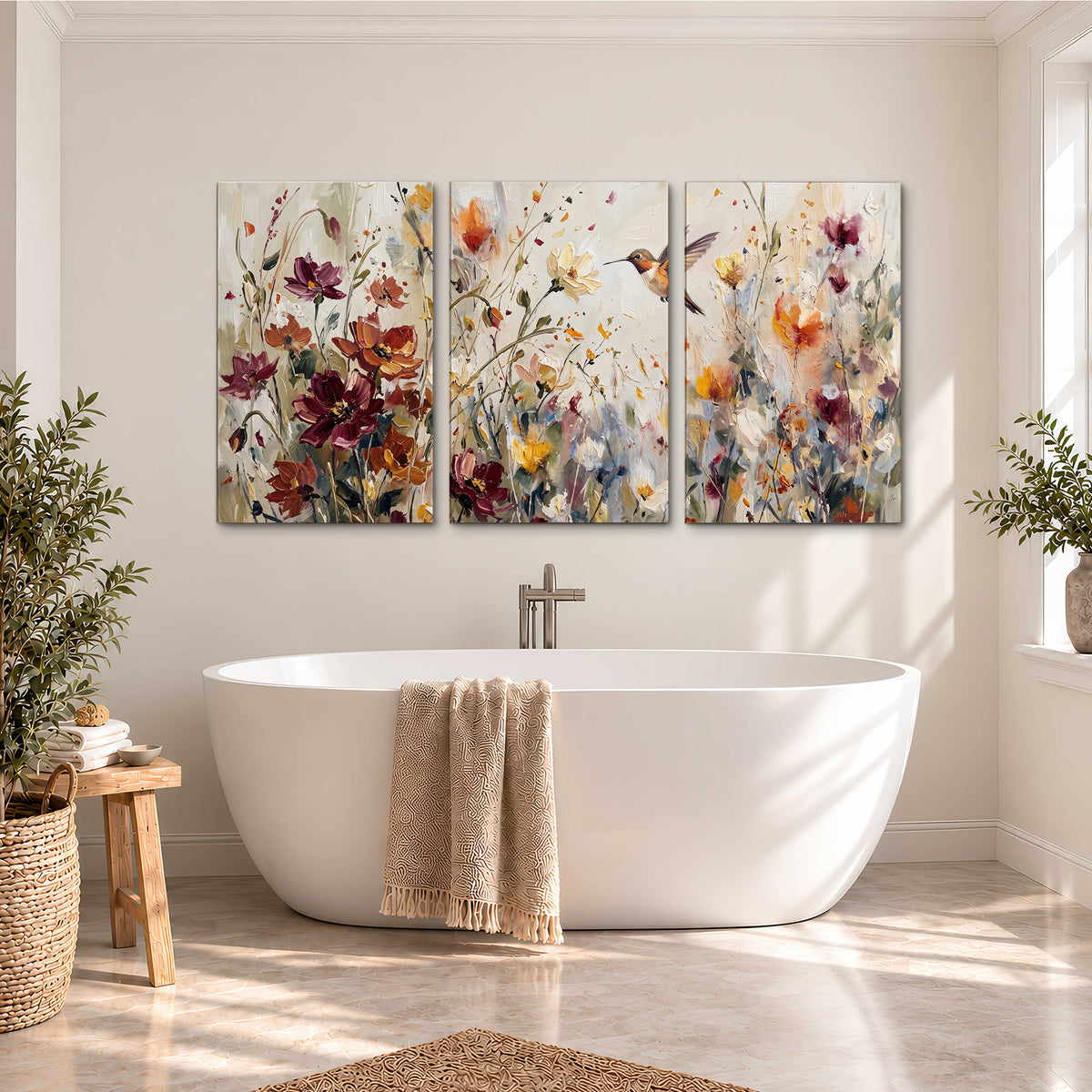 A small hummingbird among delicate pink, rust and ivory flowers 3 piece canvas wall art styled in an interior