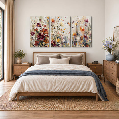 A small hummingbird among delicate pink, rust and ivory flowers 3 piece canvas wall art styled in an interior