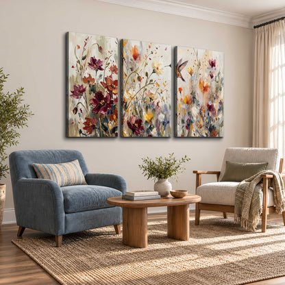 A small hummingbird among delicate pink, rust and ivory flowers 3 piece canvas wall art styled in an interior