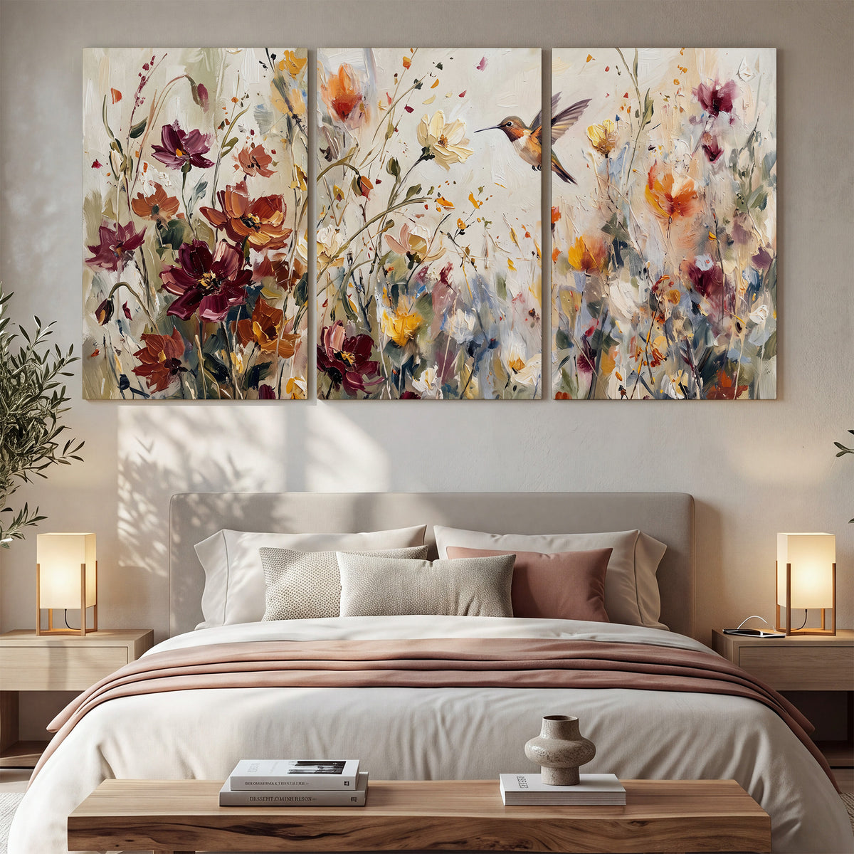 A small hummingbird among delicate pink, rust and ivory flowers 3 piece canvas wall art displayed in a bedroom