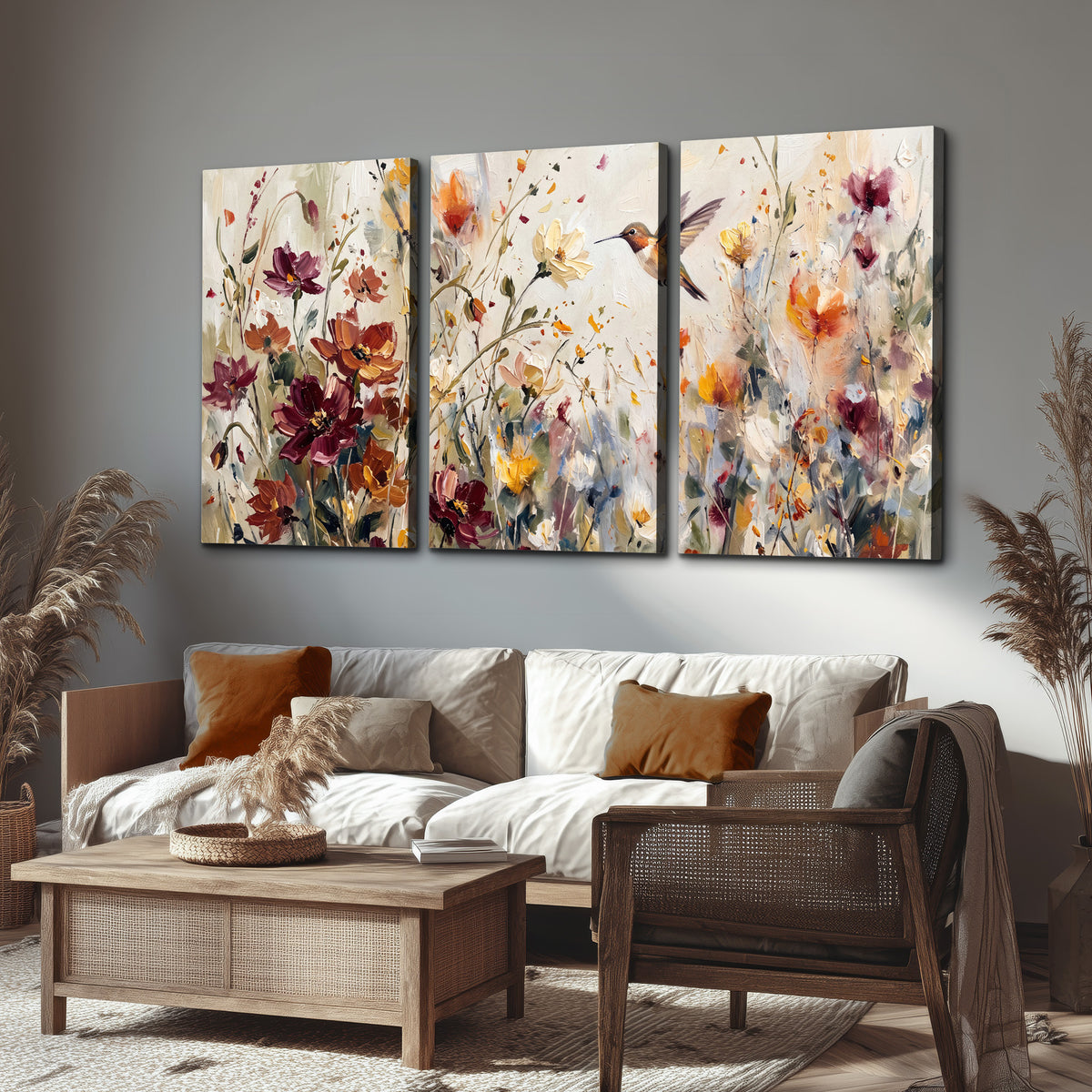 A small hummingbird among delicate pink, rust and ivory flowers 3 piece canvas wall art displayed in a rustic living room