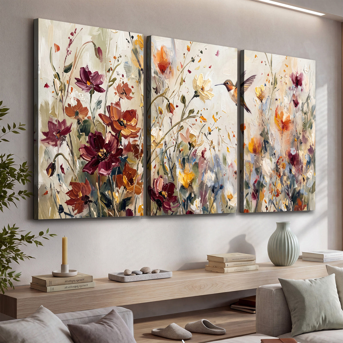 A small hummingbird among delicate pink, rust and ivory flowers 3 piece canvas wall art displayed in a console