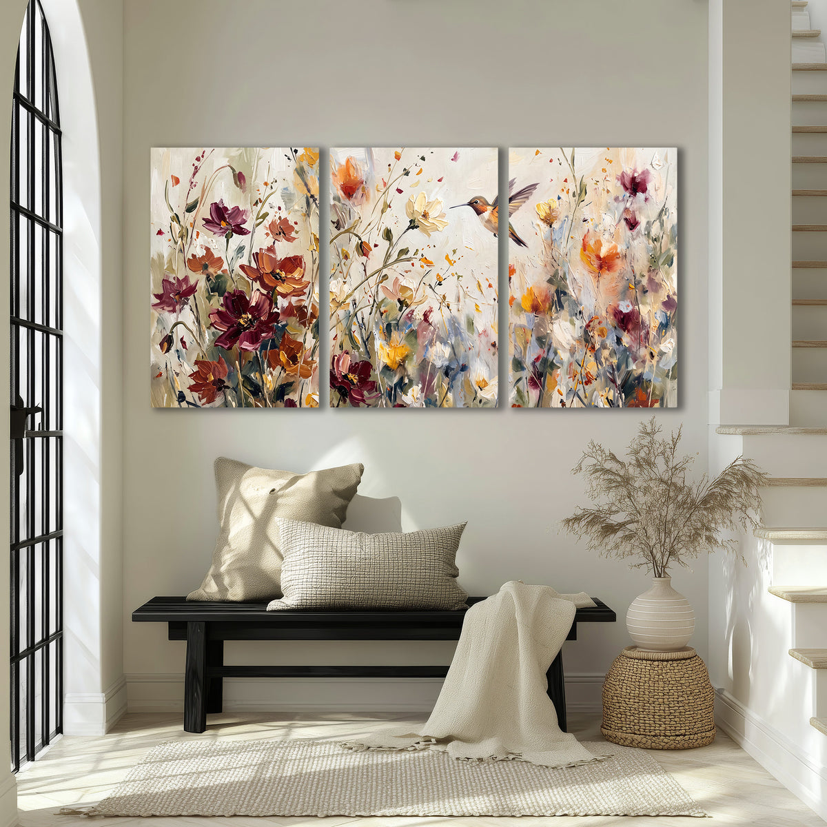 A small hummingbird among delicate pink, rust and ivory flowers 3 piece canvas wall art displayed in a entryway