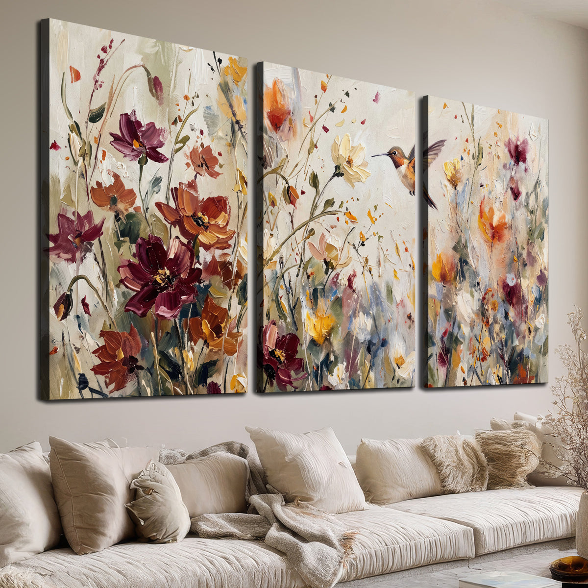 A small hummingbird among delicate pink, rust and ivory flowers 3 piece canvas wall art room and product view