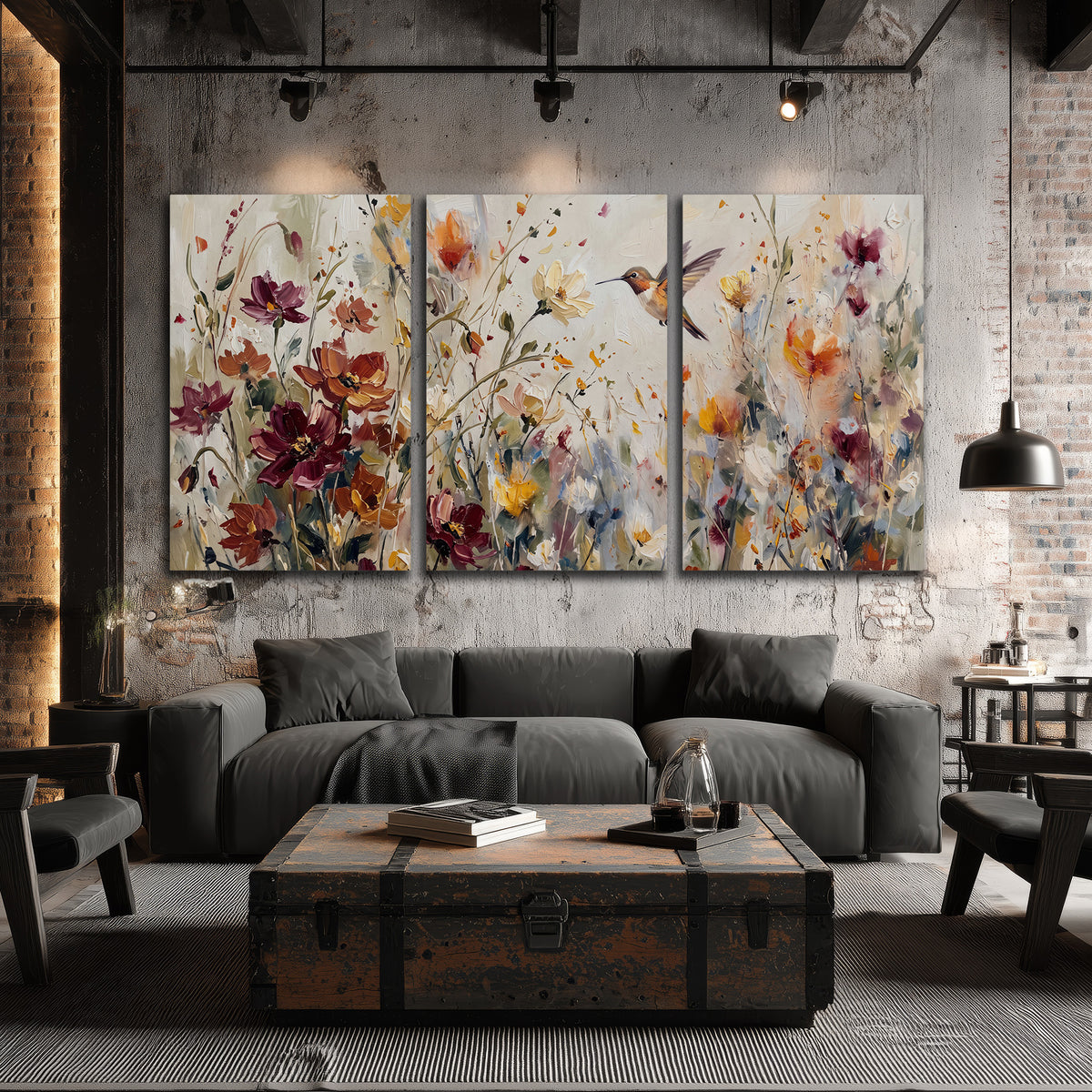A small hummingbird among delicate pink, rust and ivory flowers 3 piece canvas wall art displayed in a industrial room