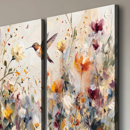A small hummingbird among delicate pink, rust and ivory flowers 3 piece canvas wall art room and product view