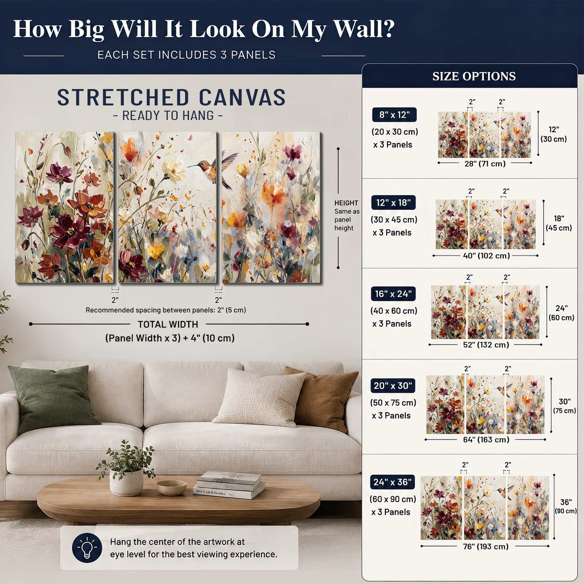 A small hummingbird among delicate pink, rust and ivory flowers 3 piece canvas wall art size guide above a sofa; room view is illustrative