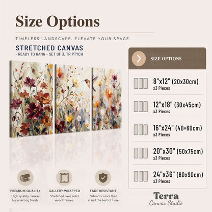 A small hummingbird among delicate pink, rust and ivory flowers 3 piece canvas wall art available dimensions; triptych dimensions are per panel