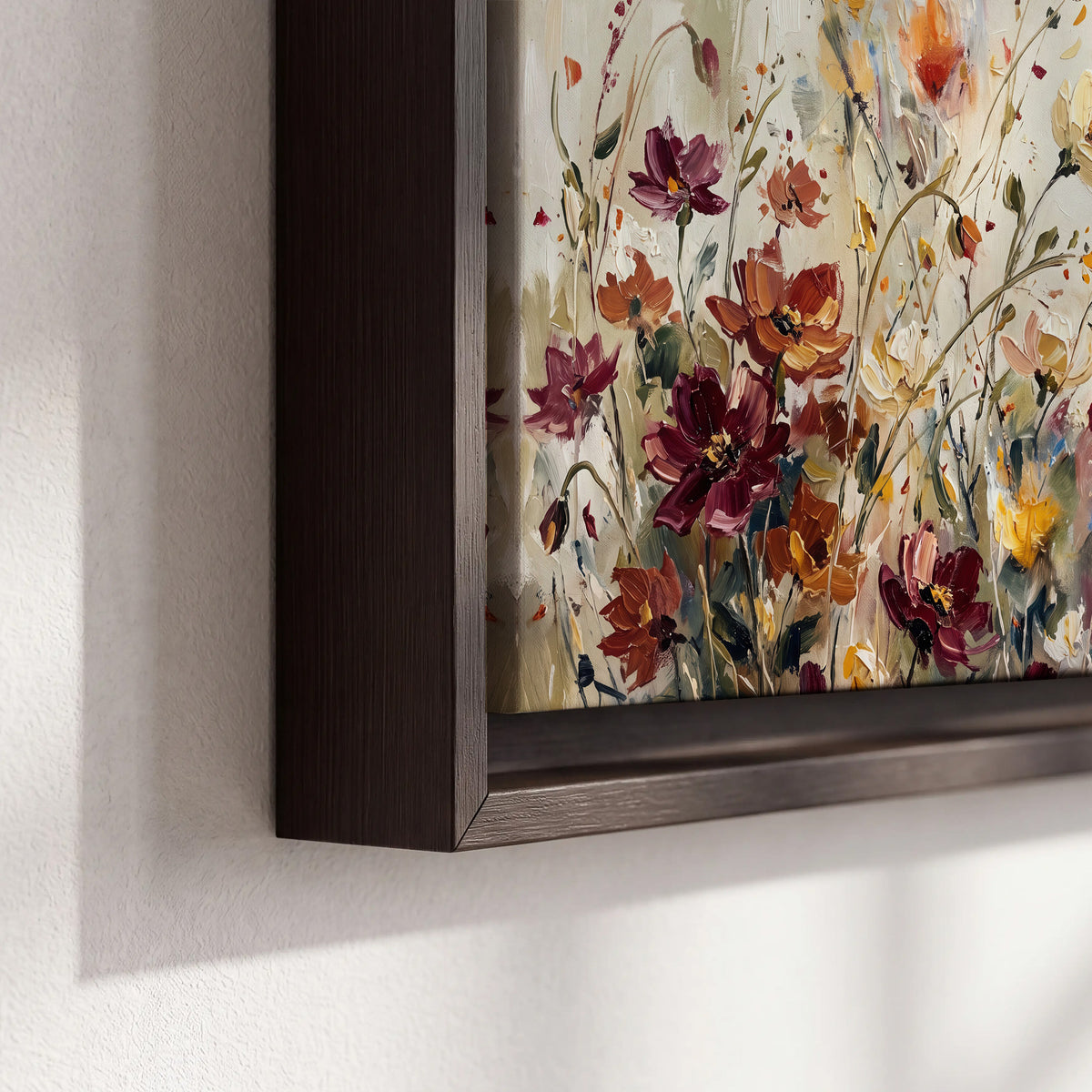 A small hummingbird among delicate pink, rust and ivory flowers 3 piece framed canvas wall art material and edge close up