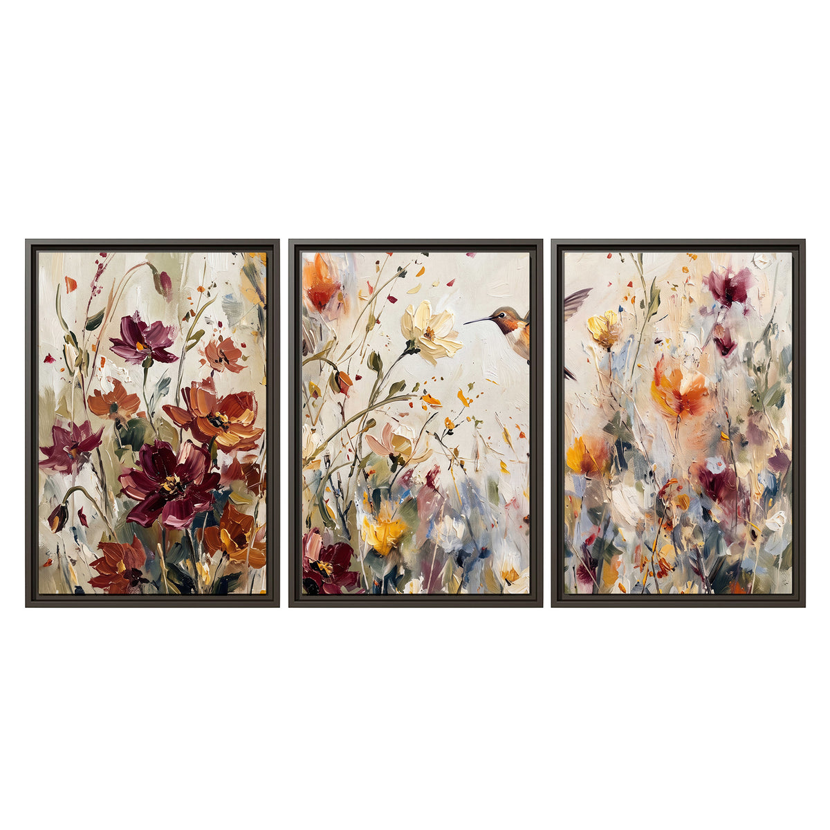 A small hummingbird among delicate pink, rust and ivory flowers 3 piece framed canvas wall art viewed straight on