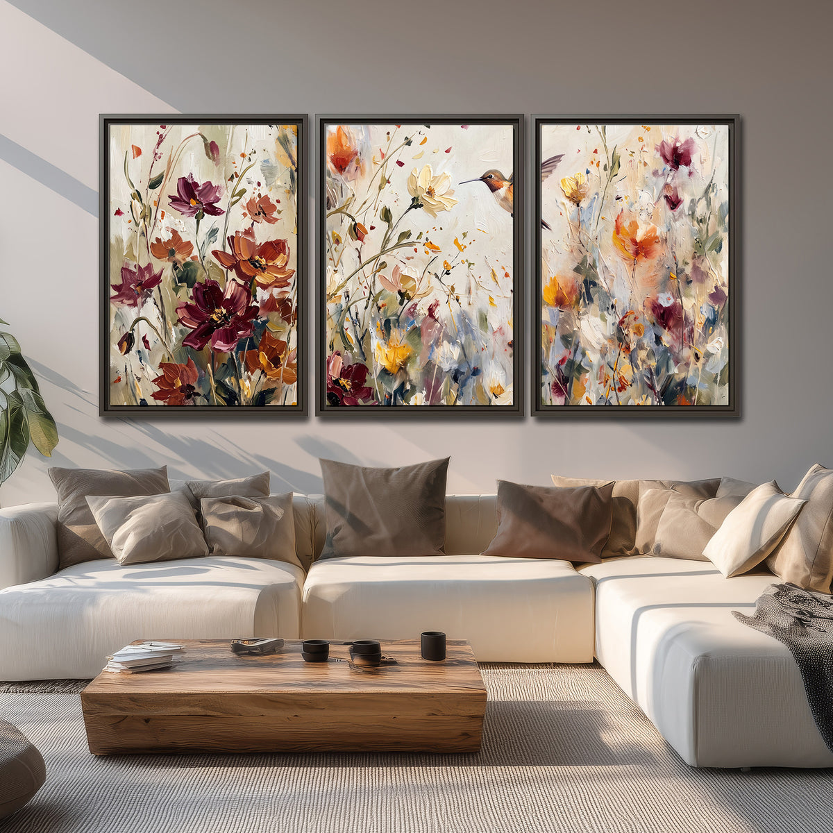 A small hummingbird among delicate pink, rust and ivory flowers 3 piece framed canvas wall art displayed in a living room