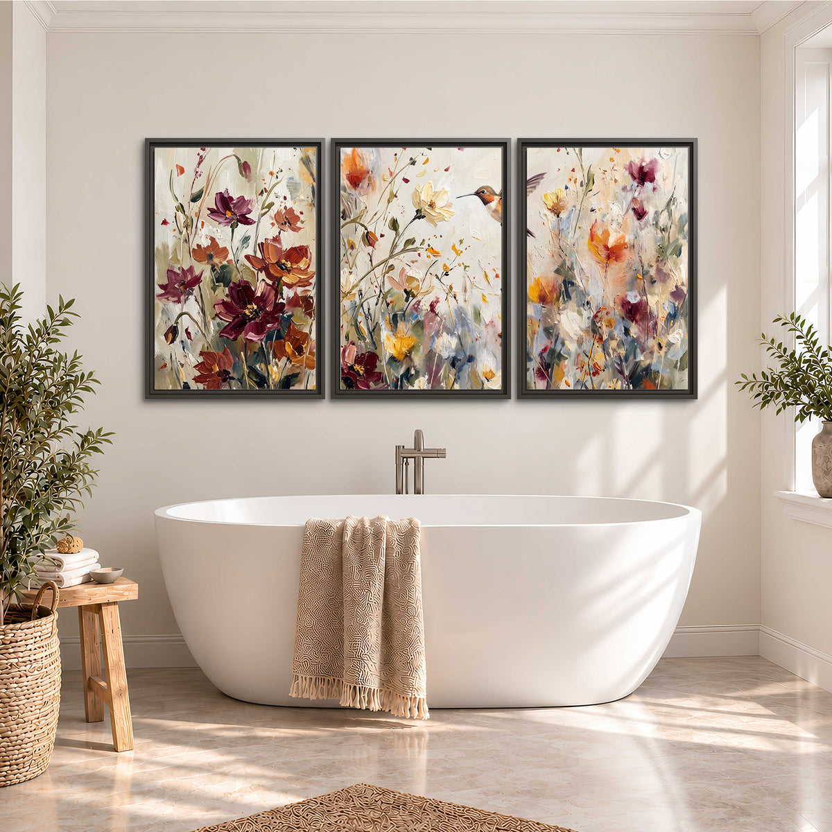 A small hummingbird among delicate pink, rust and ivory flowers 3 piece framed canvas wall art styled in an interior