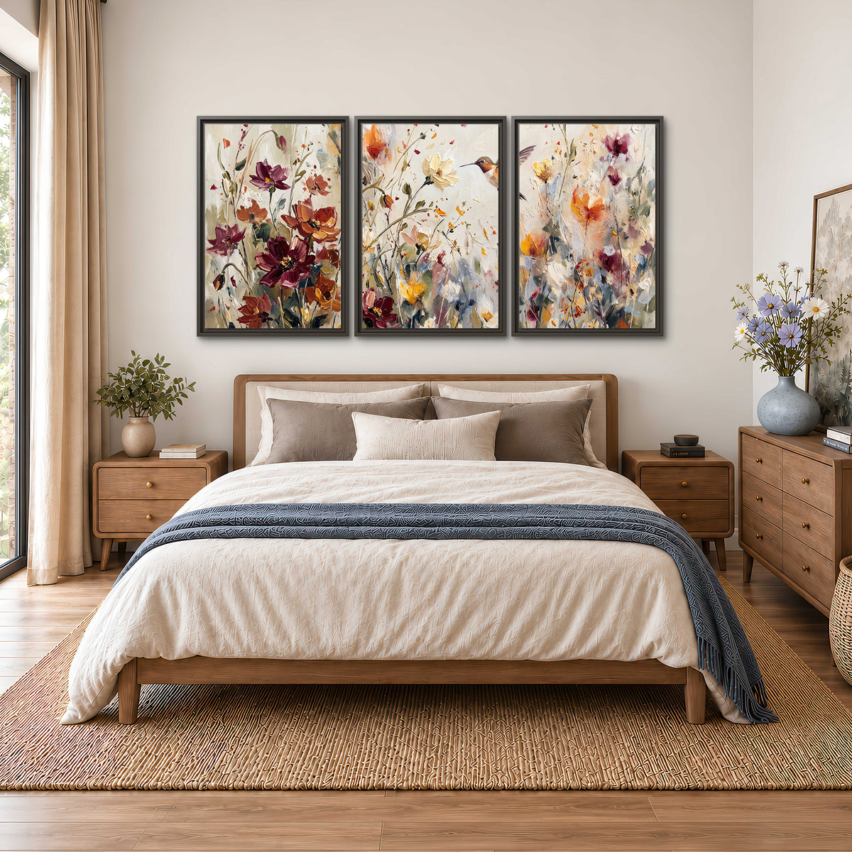 A small hummingbird among delicate pink, rust and ivory flowers 3 piece framed canvas wall art styled in an interior