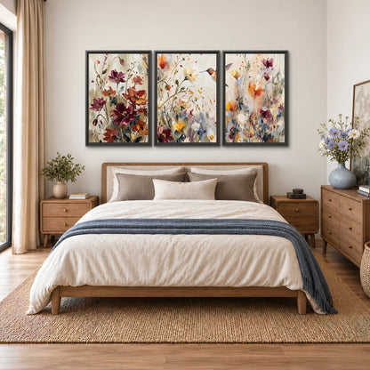 A small hummingbird among delicate pink, rust and ivory flowers 3 piece framed canvas wall art styled in an interior