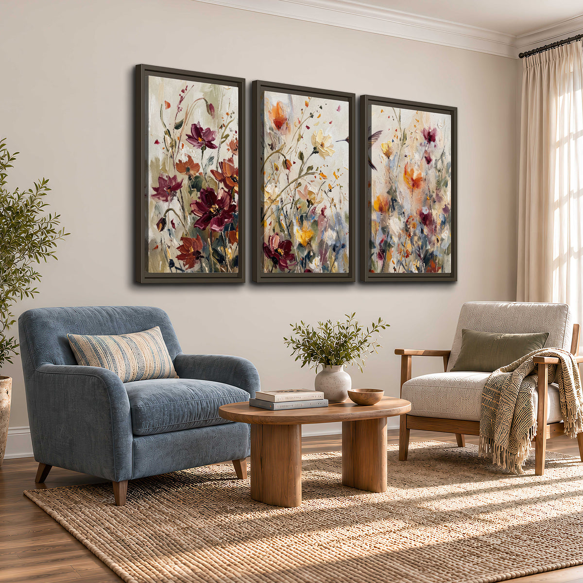 A small hummingbird among delicate pink, rust and ivory flowers 3 piece framed canvas wall art styled in an interior