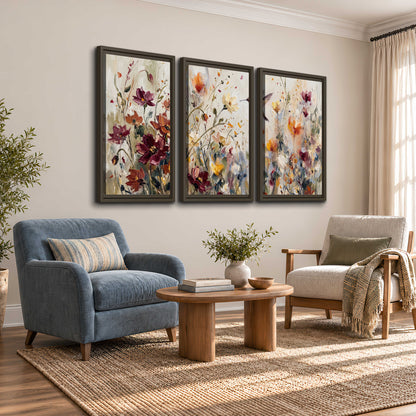 A small hummingbird among delicate pink, rust and ivory flowers 3 piece framed canvas wall art styled in an interior