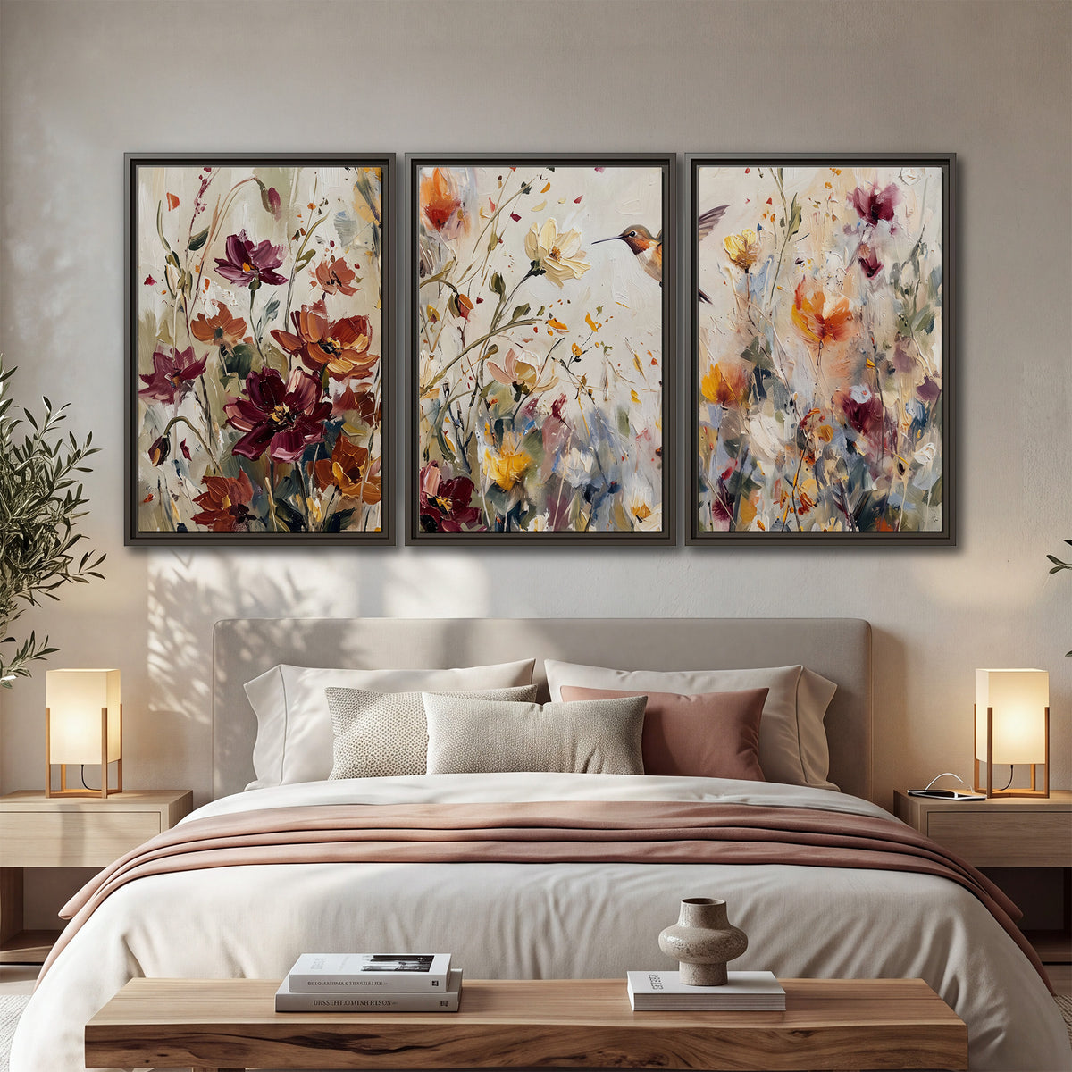 A small hummingbird among delicate pink, rust and ivory flowers 3 piece framed canvas wall art displayed in a bedroom