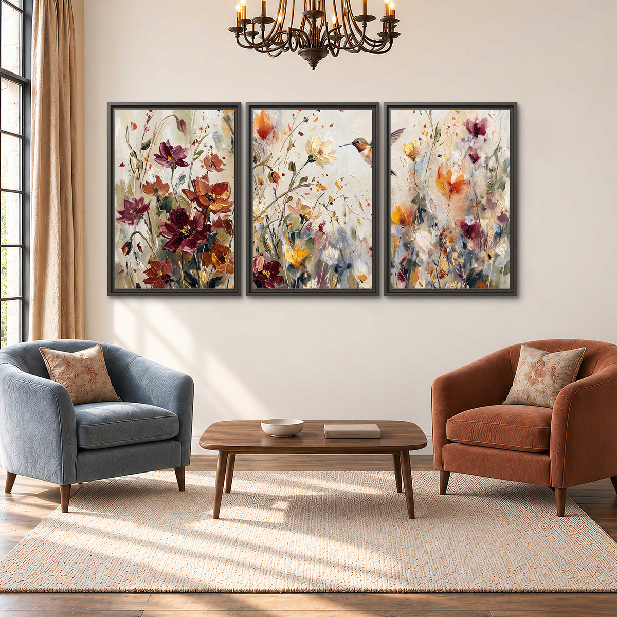 A small hummingbird among delicate pink, rust and ivory flowers 3 piece framed canvas wall art styled in an interior