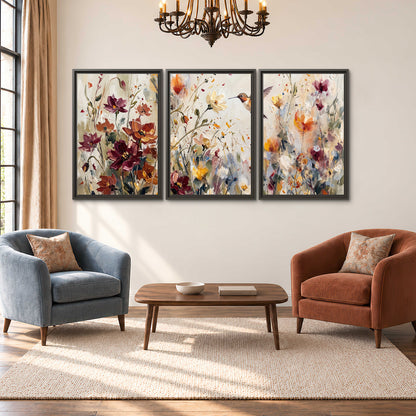 A small hummingbird among delicate pink, rust and ivory flowers 3 piece framed canvas wall art styled in an interior