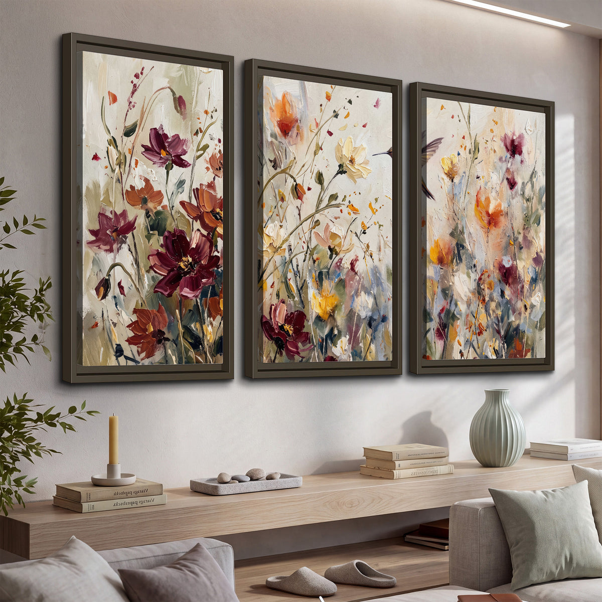 A small hummingbird among delicate pink, rust and ivory flowers 3 piece framed canvas wall art displayed in a console