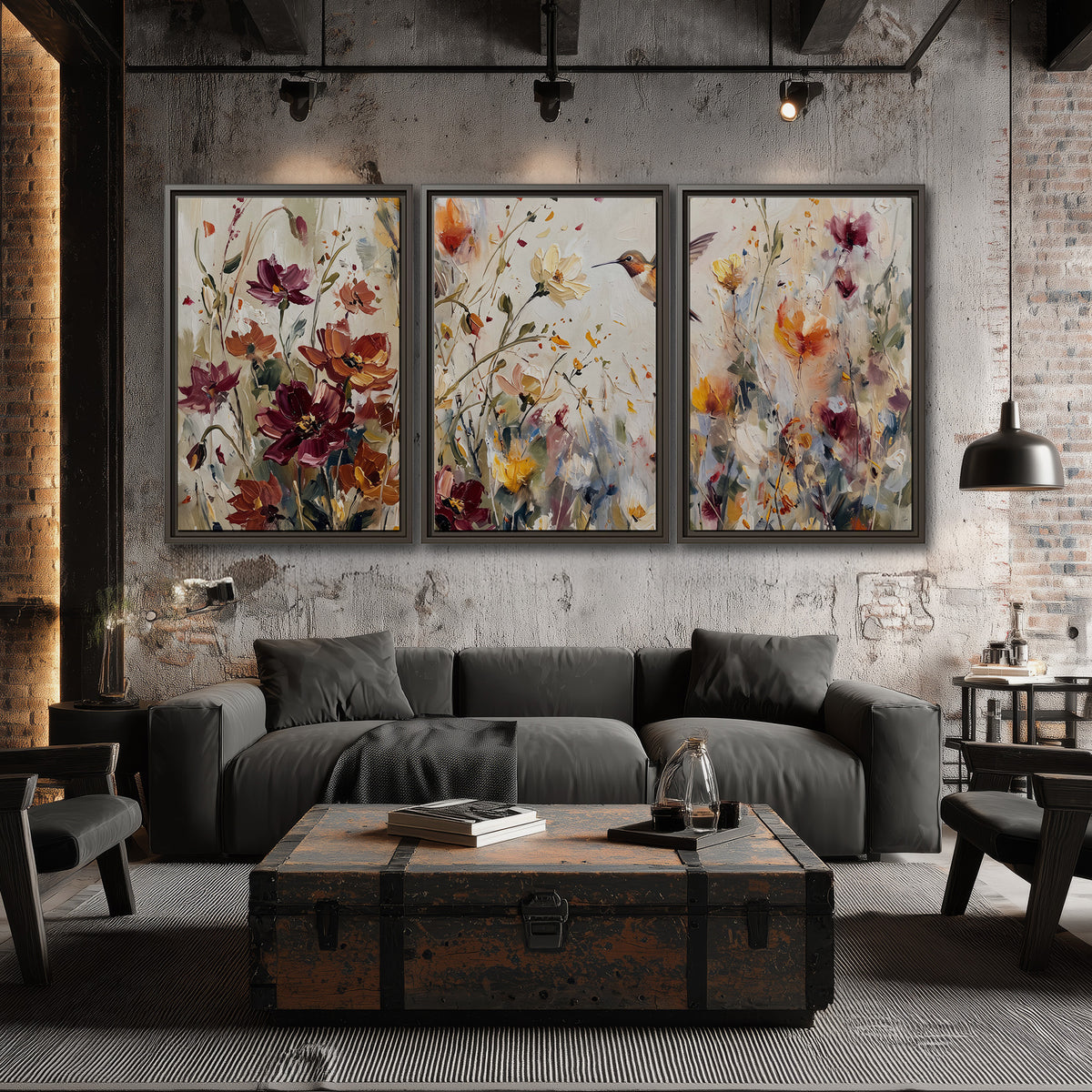 A small hummingbird among delicate pink, rust and ivory flowers 3 piece framed canvas wall art displayed in a industrial room
