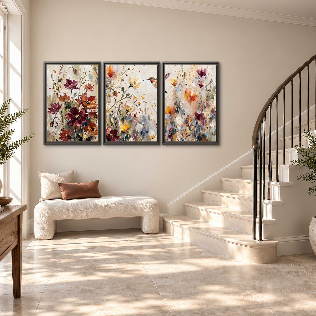 A small hummingbird among delicate pink, rust and ivory flowers 3 piece framed canvas wall art styled in an interior