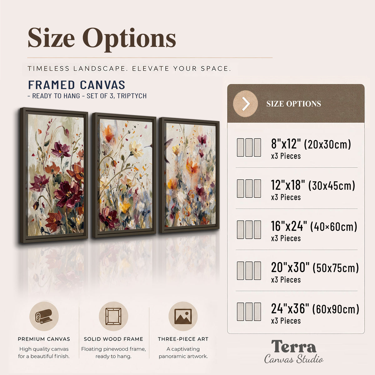 A small hummingbird among delicate pink, rust and ivory flowers 3 piece framed canvas wall art available dimensions; triptych dimensions are per panel
