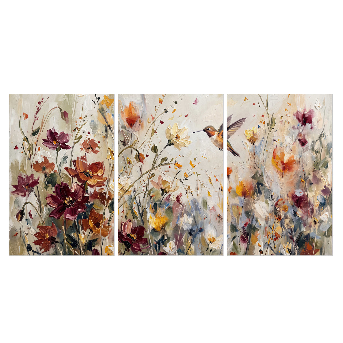 A small hummingbird among delicate pink, rust and ivory flowers set of 3 poster prints viewed straight on